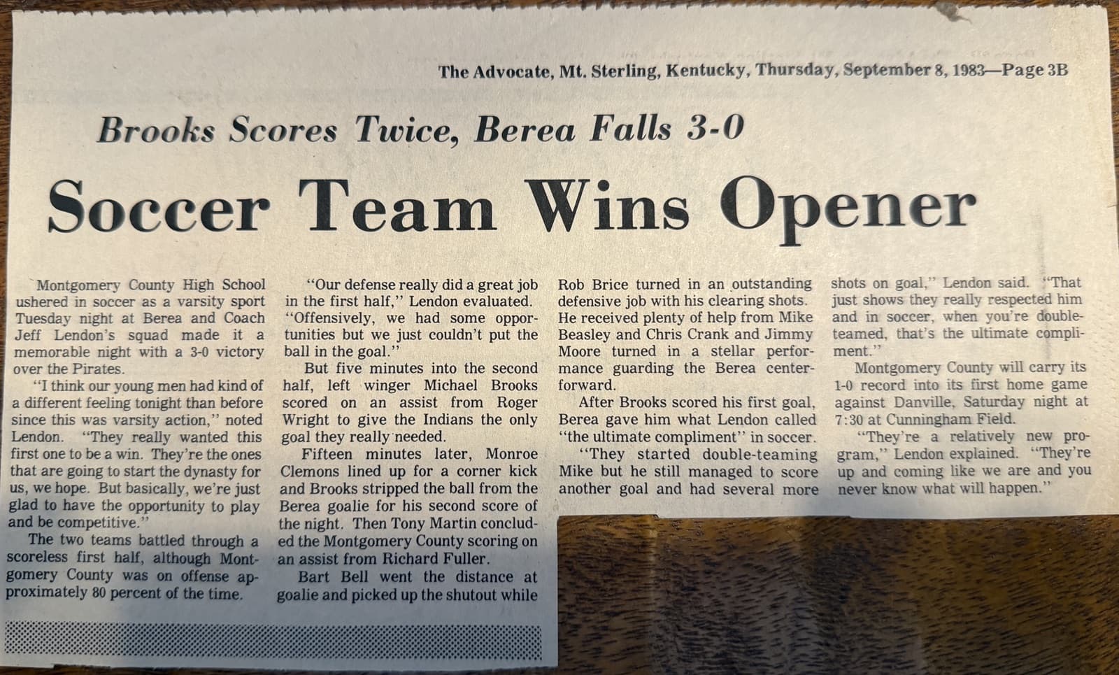 Mt. Sterling Advocate clipping, September 8, 1983: "Brooks Scores Twice, Berea Falls 3-0 β Soccer Team Wins Opener"